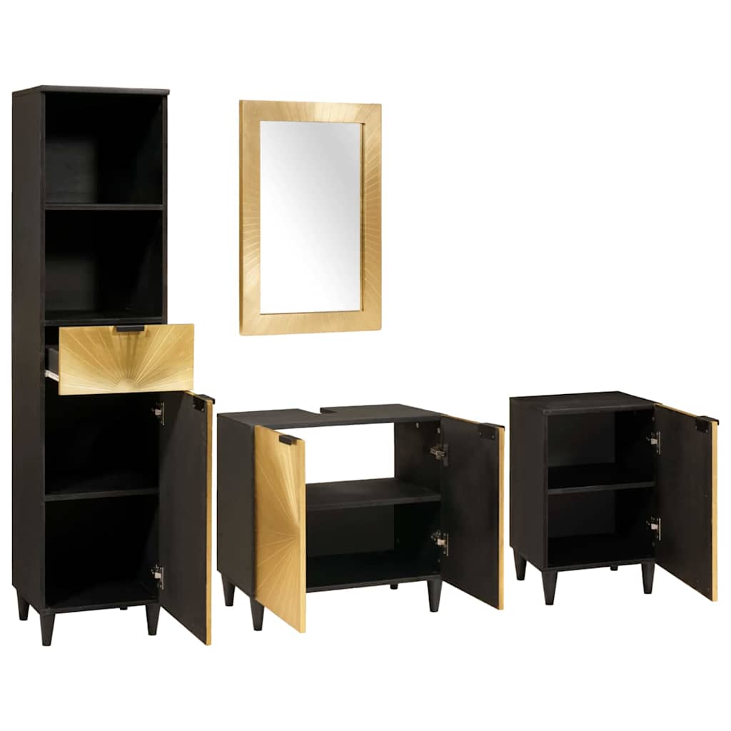 Set di Armadi da Bagno 4 pcs Nero e Oro Legno di mango massello