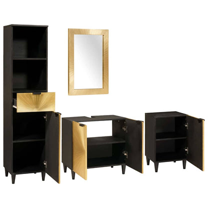 Set di Armadi da Bagno 4 pcs Nero e Oro Legno di mango massello
