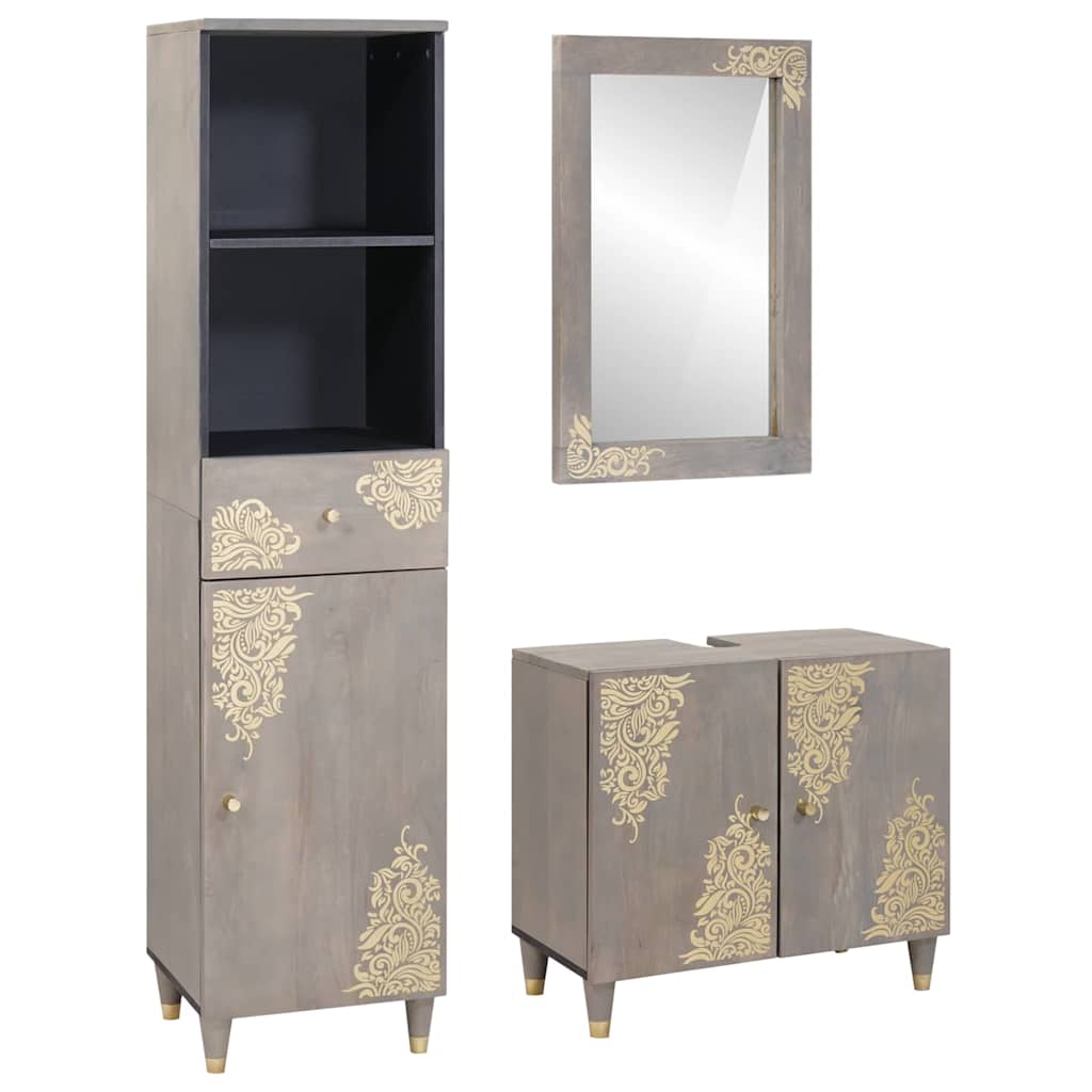 Set di Armadi da Bagno 3 pcs Grigio Legno di mango massello