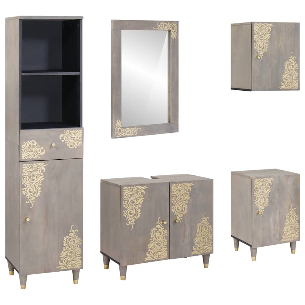 Set di Armadi da Bagno 5 pcs Grigio Legno di mango massello