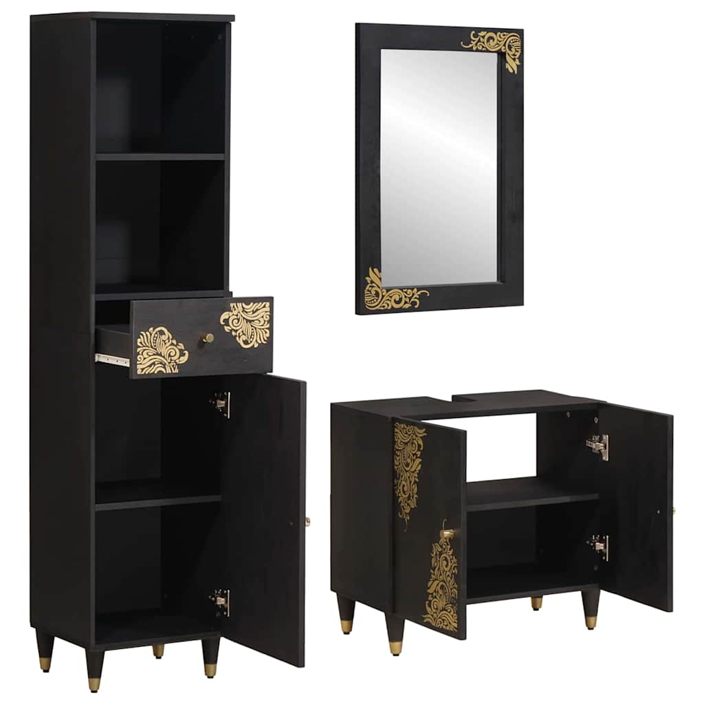Set di Armadi da Bagno 3 pcs Nero Legno di mango massello