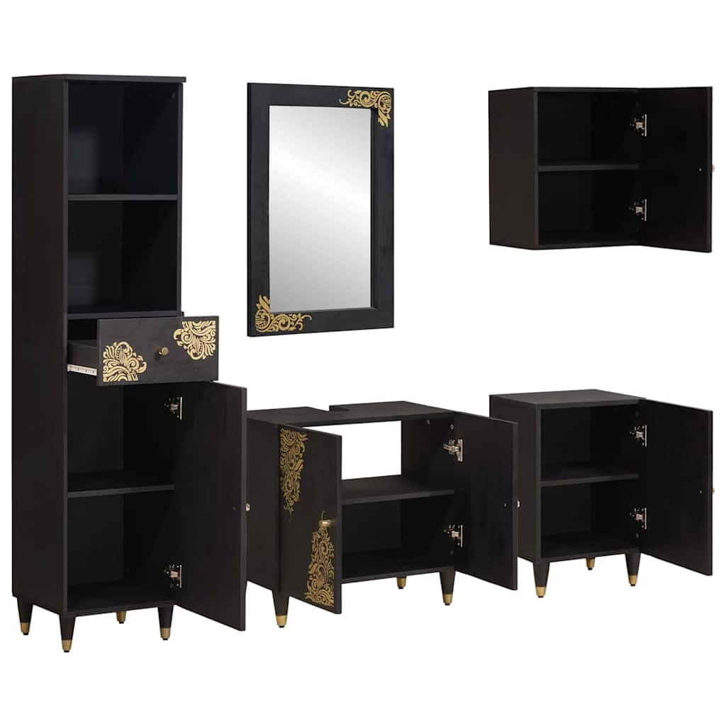 Set di Armadi da Bagno 5 pcs Nero Legno di mango massello