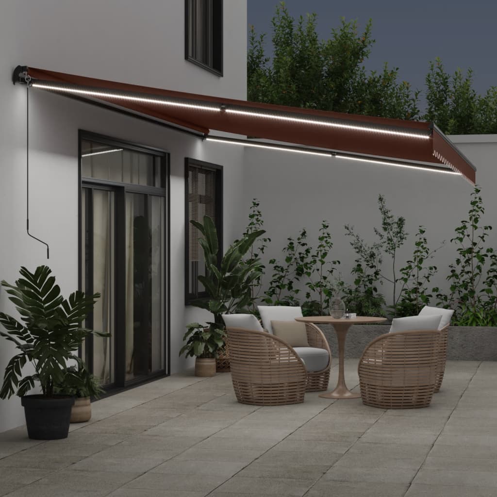 Tenda da Sole Retrattile Manuale con LED Marrone 500x300 cm