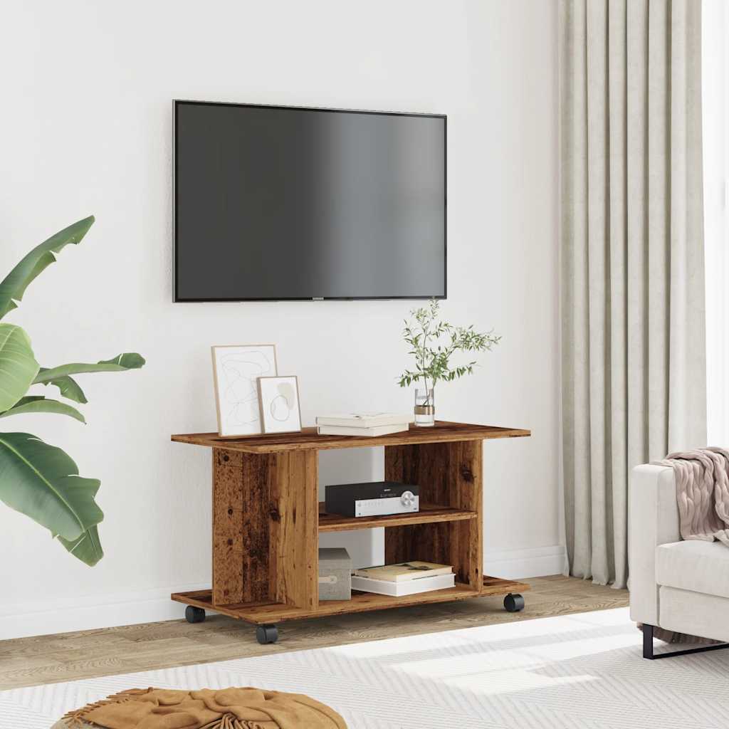 Mobile TV con Ruote Legno Antico 80x40x45 cm Legno Multistrato