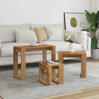 Nido di Tavoli 3 pz Rovere Artigianale in Legno Multistrato