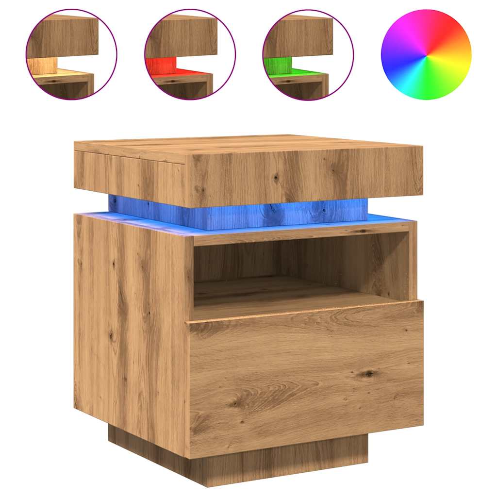 Comodino con Luci LED Rovere Artigianale 40x39x48,5 cm