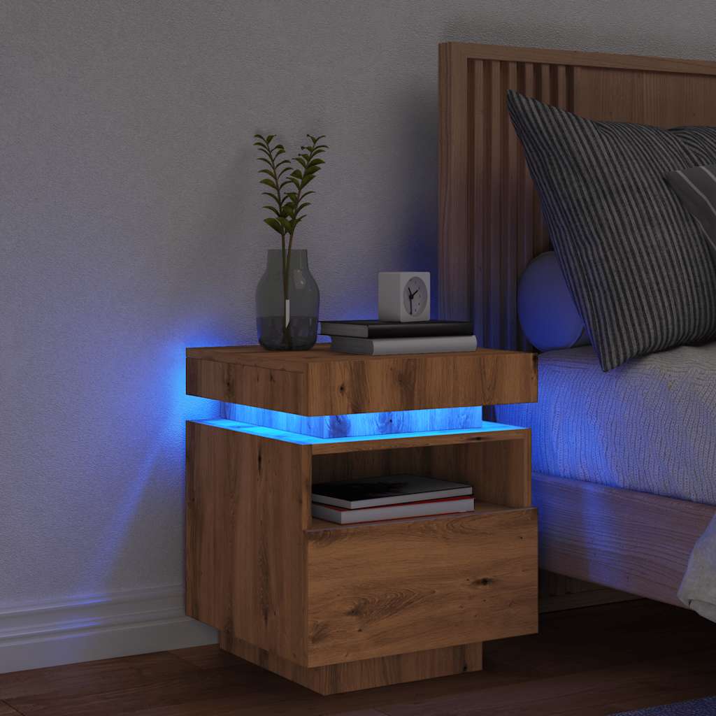 Comodino con Luci LED Rovere Artigianale 40x39x48,5 cm