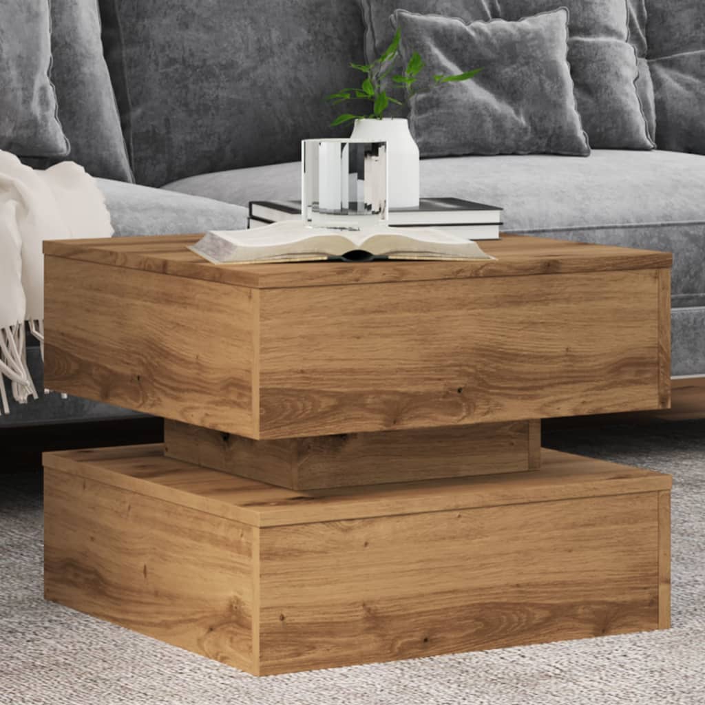 Tavolino da Salotto con Luci LED Rovere Artigianale 50x50x40 cm