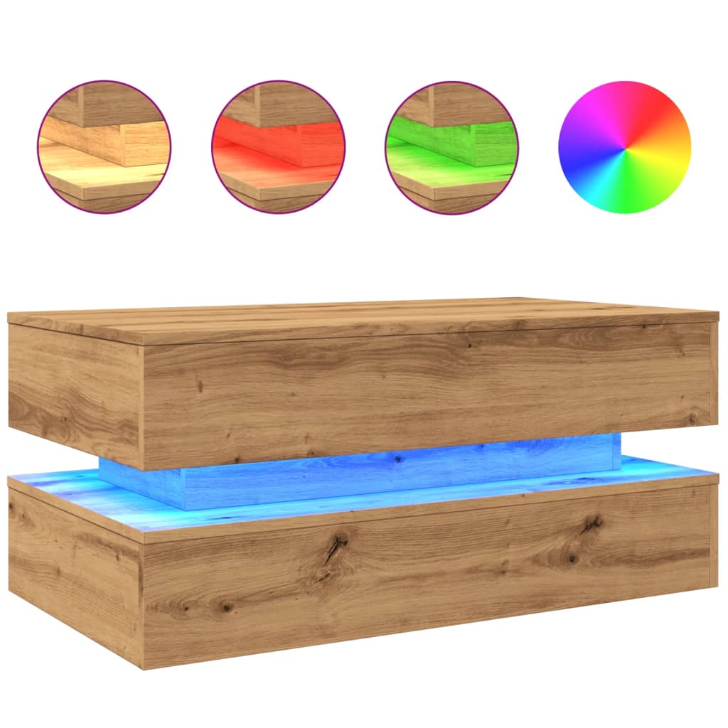 Tavolino da Salotto con Luci LED Rovere Artigianale 90x50x40 cm