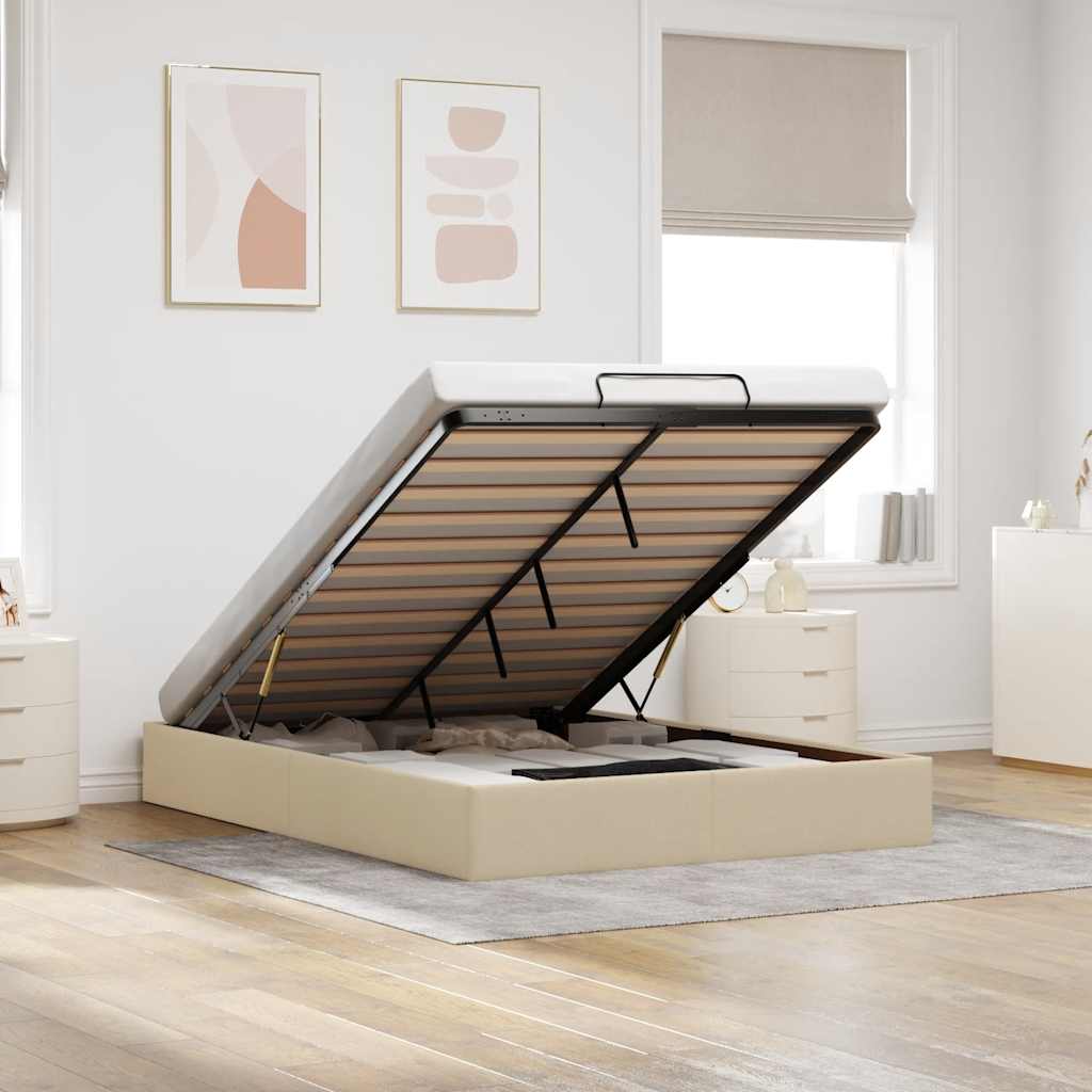 Struttura Letto Pouf senza Materasso Crema 140x200 cm Tessuto