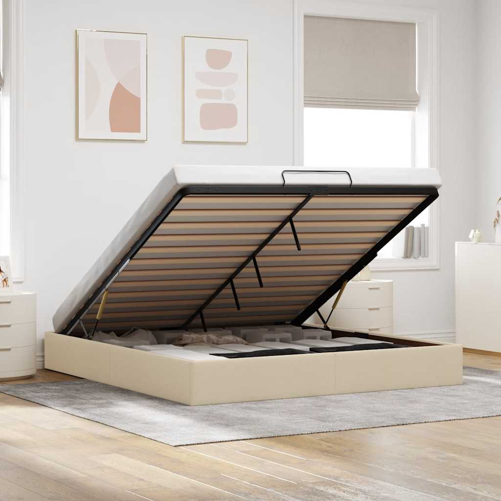 Struttura Letto Pouf senza Materasso Crema 160x200 cm Tessuto