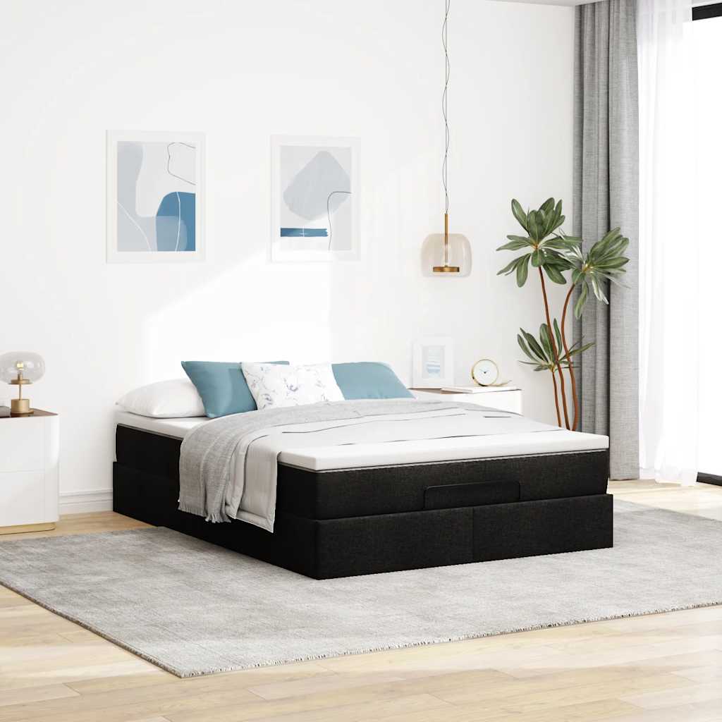 Struttura Letto Pouf con Materasso Nero 140x190 cm Similpelle
