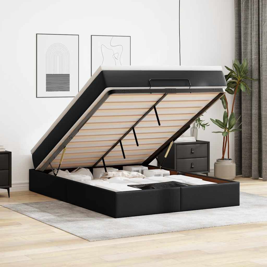 Struttura Letto Pouf con Materasso Nero 140x190 cm Similpelle