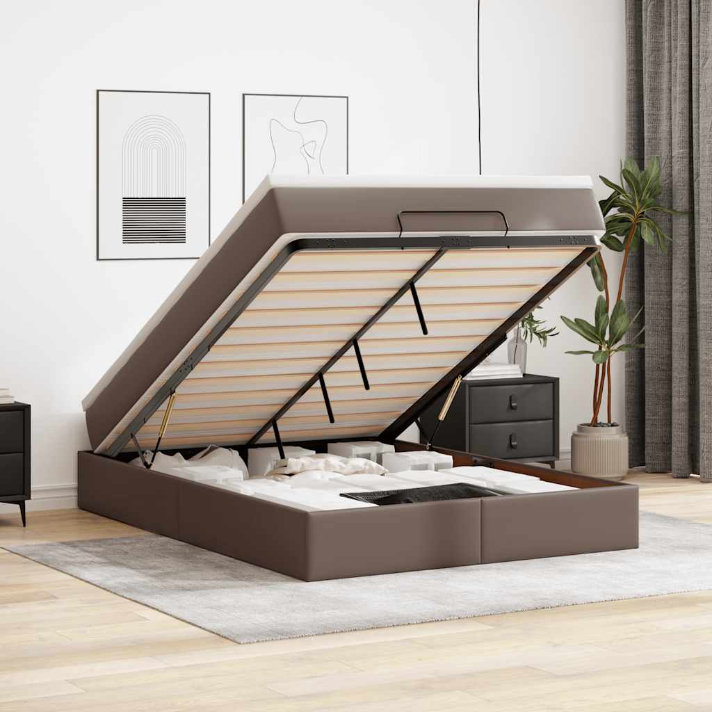 Struttura Letto Pouf con Materasso Marrone 140x190cm Similpelle