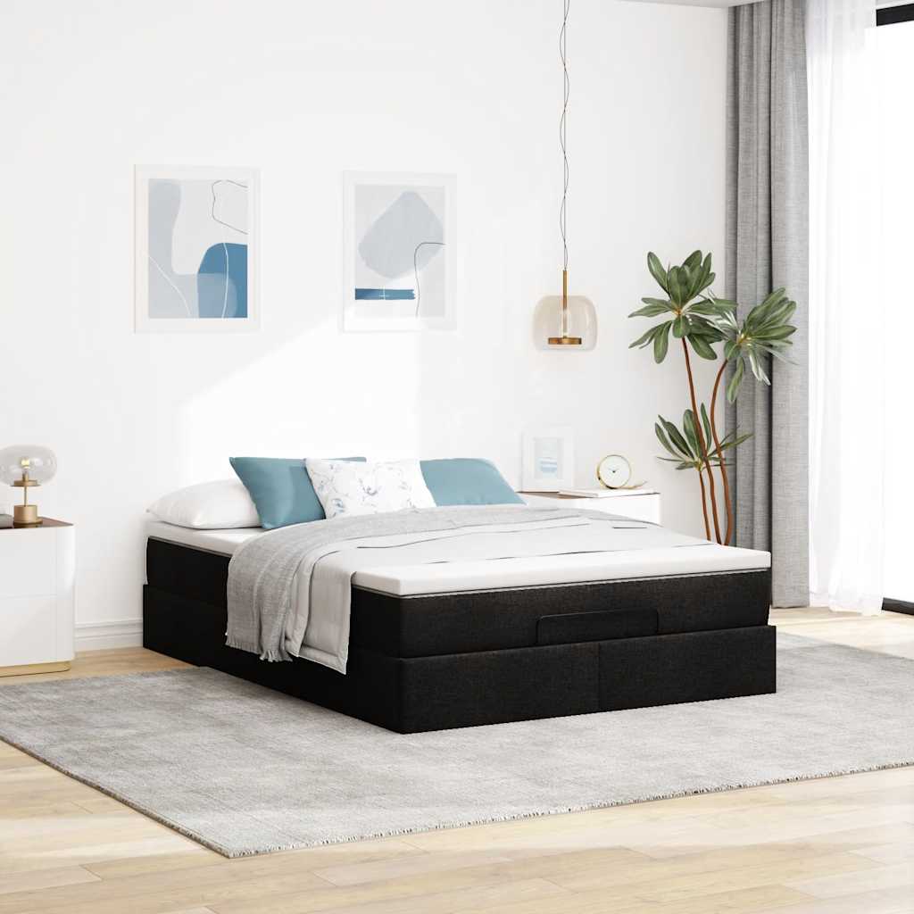 Struttura Letto Pouf con Materasso Nero 140x200 cm Similpelle