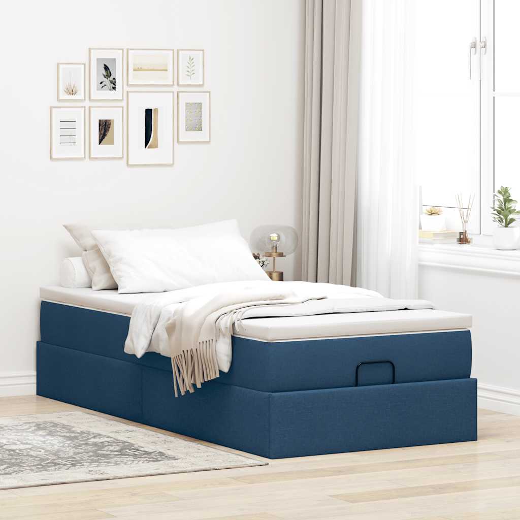 Struttura Letto Pouf con Materasso Blu 100x200 cm in Tessuto
