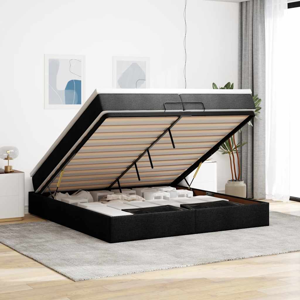 Struttura Letto Pouf con Materassi Nero 200x200 cm in Tessuto