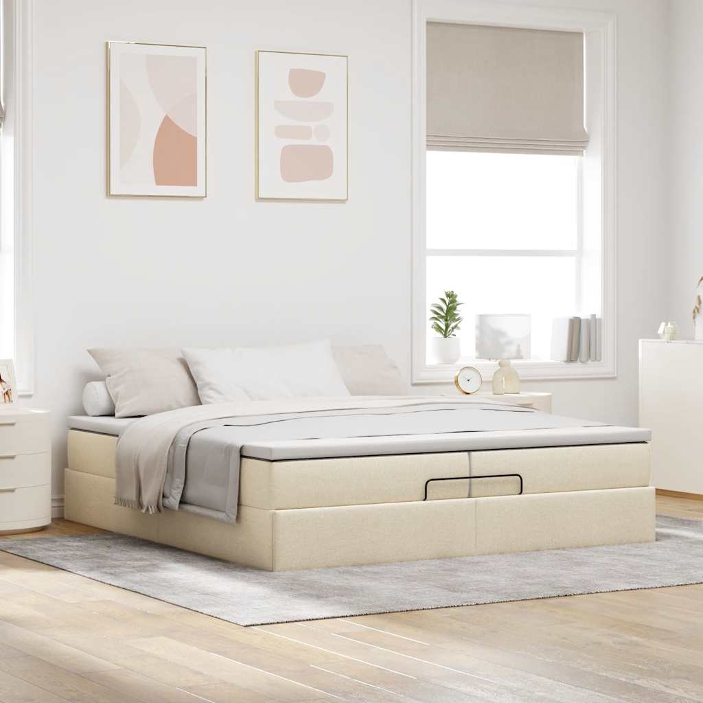 Struttura Letto Pouf con Materassi Crema 200x200 cm in Tessuto