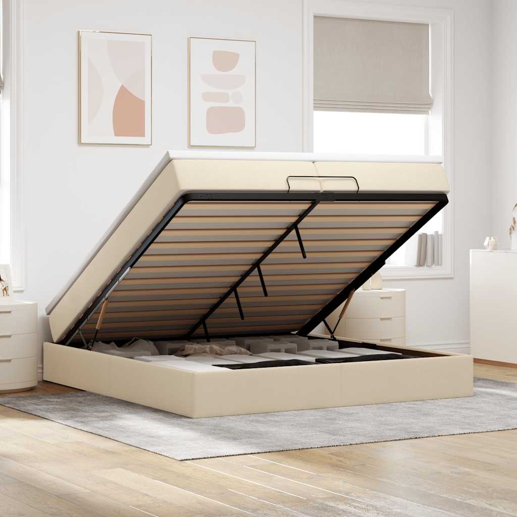Struttura Letto Pouf con Materassi Crema 200x200 cm in Tessuto