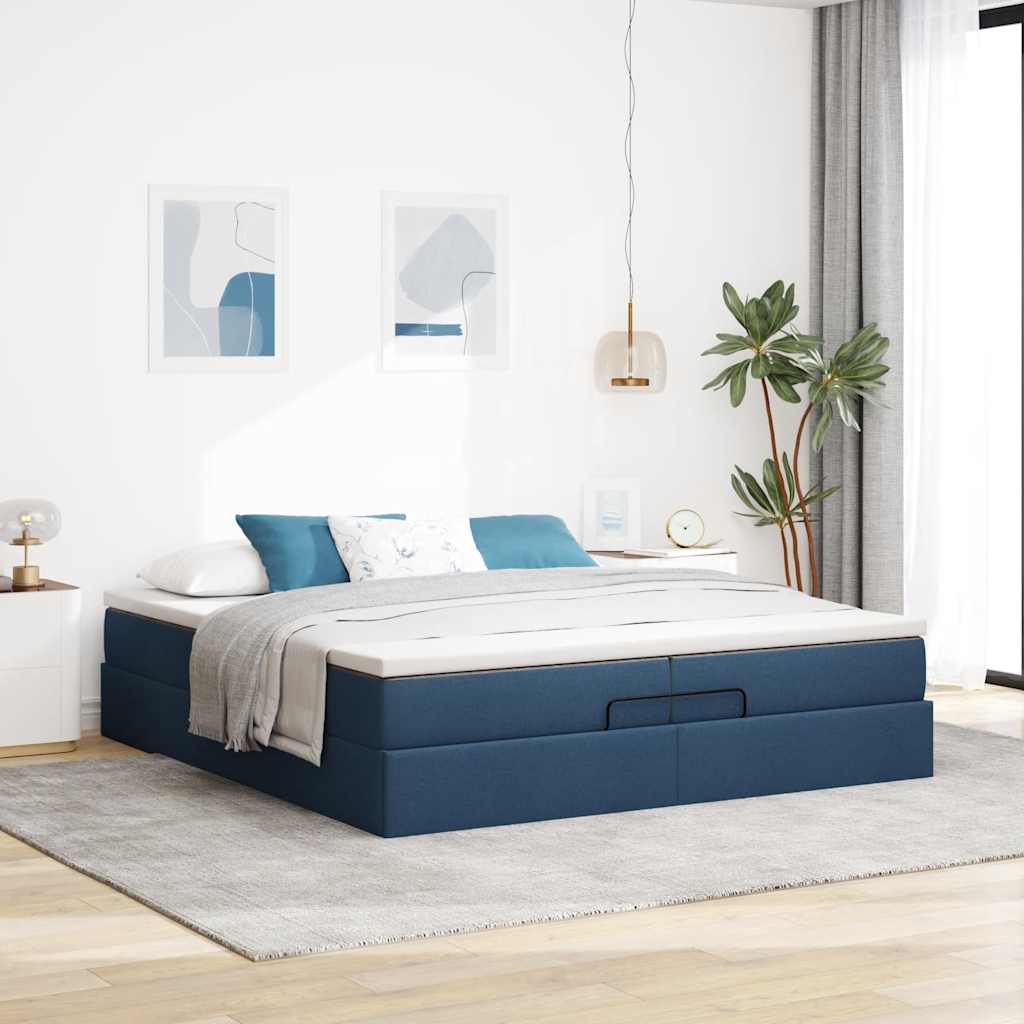Struttura Letto Pouf con Materassi Blu 200x200 cm in Tessuto