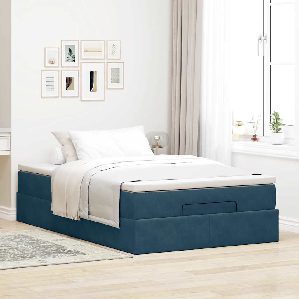 Struttura Letto Pouf con Materasso Blu Scuro 120x200 cm Velluto