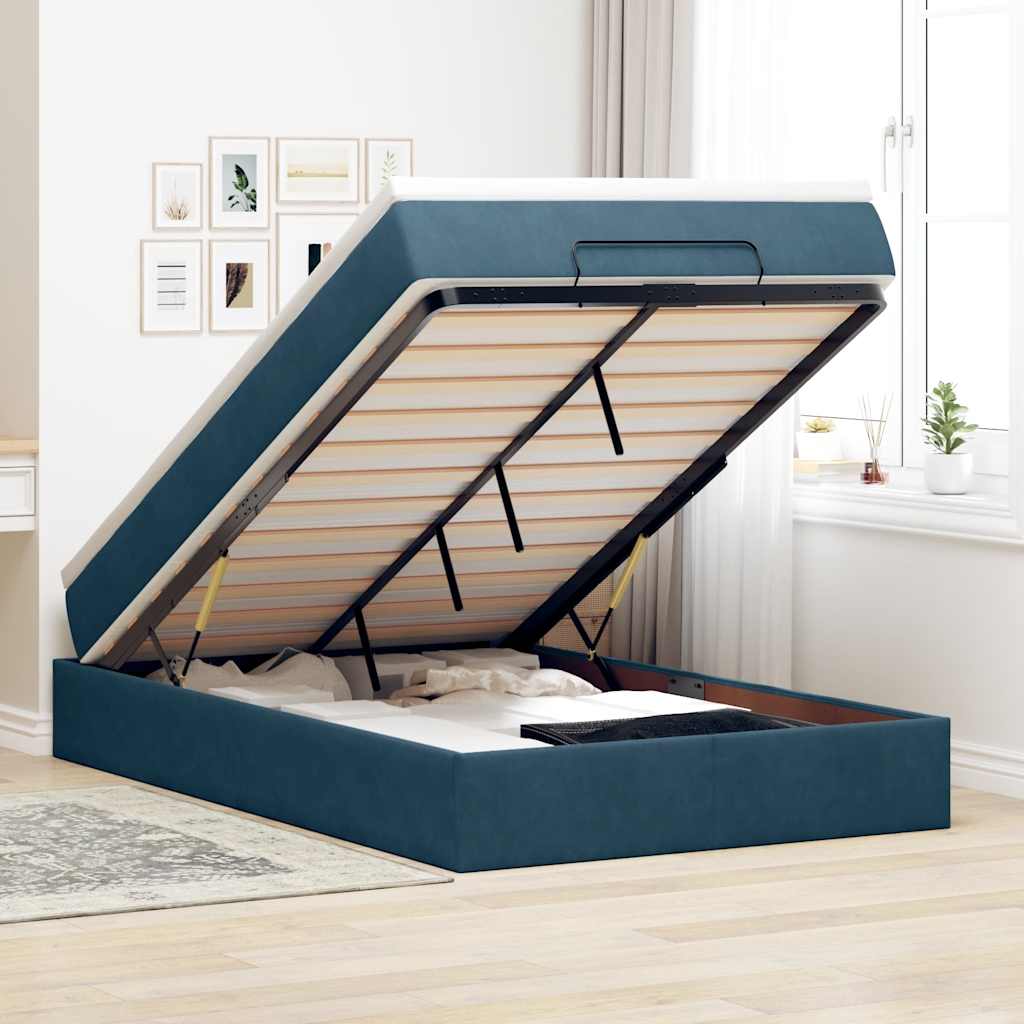 Struttura Letto Pouf con Materasso Blu Scuro 120x200 cm Velluto