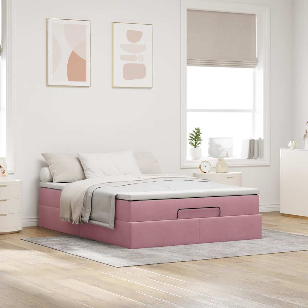 Struttura Letto Pouf con Materasso Rosa 140x200 cm in Velluto