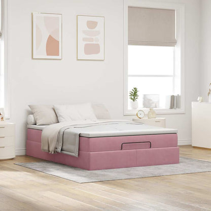 Struttura Letto Pouf con Materasso Rosa 140x200 cm in Velluto
