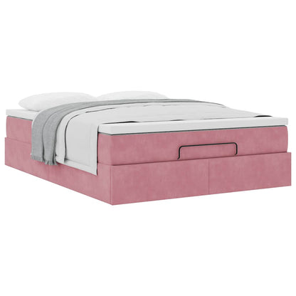 Struttura Letto Pouf con Materasso Rosa 140x200 cm in Velluto