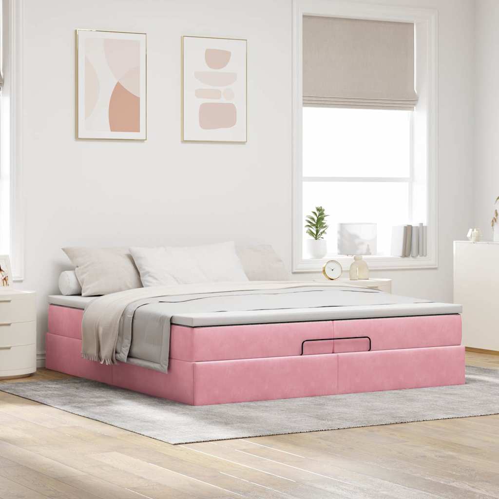 Struttura Letto Pouf con Materassi Rosa 200x200 cm Velluto