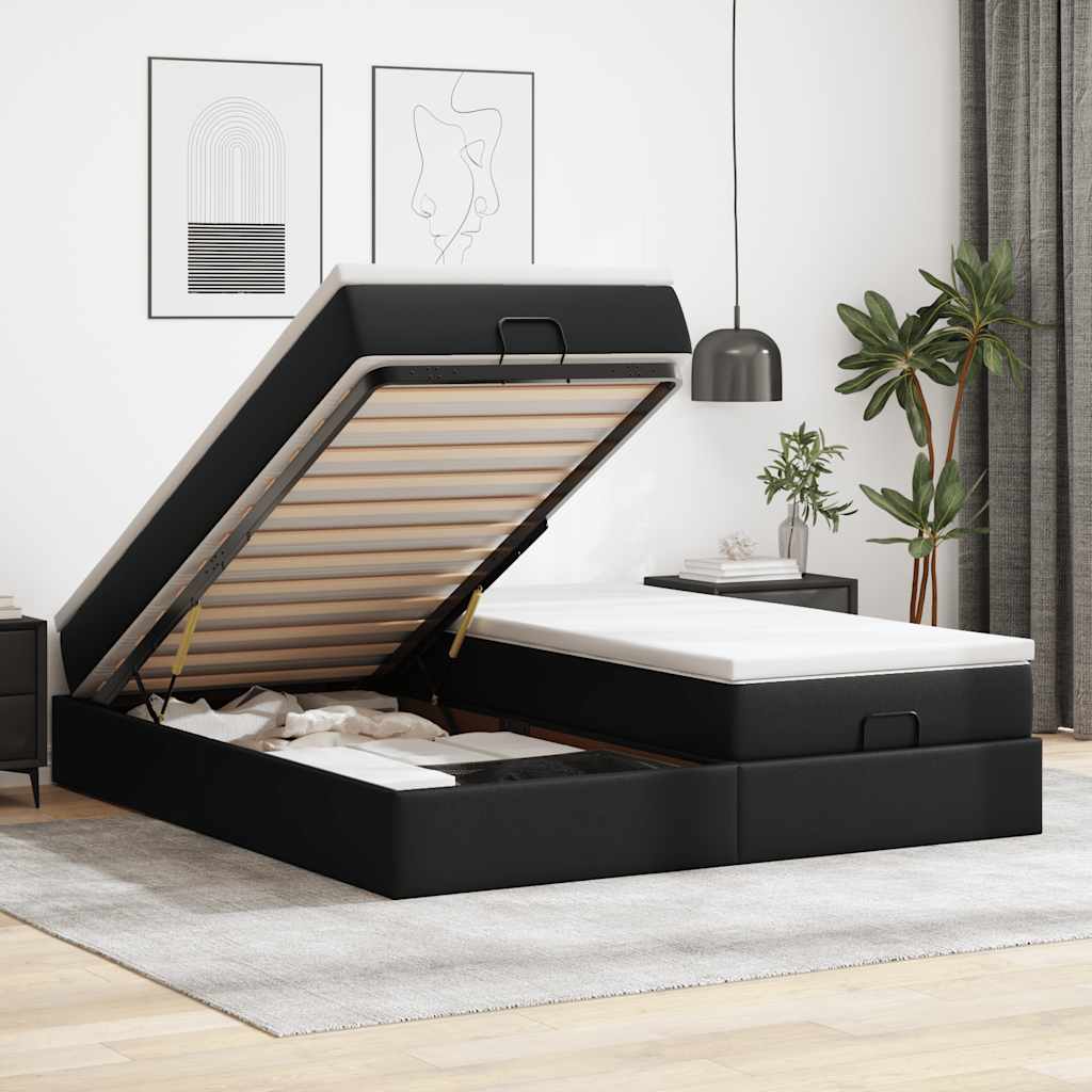Struttura Letto Pouf con Materassi Nero 200x200 cm Similpelle