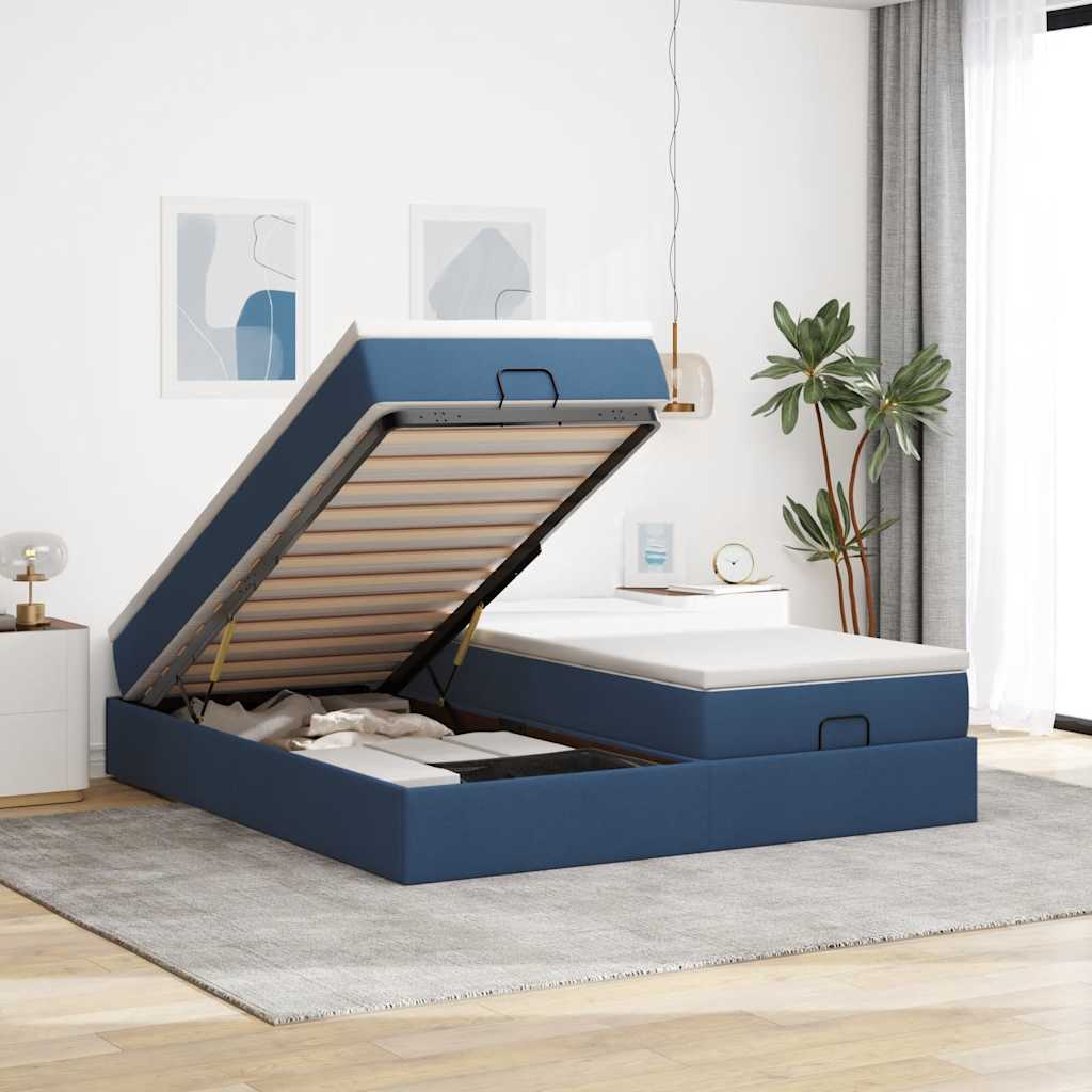 Struttura Letto Pouf con Materassi Blu 160x200 cm in Tessuto