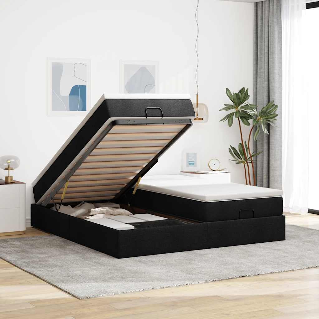 Struttura Letto Pouf con Materassi Nero 200x200 cm in Tessuto