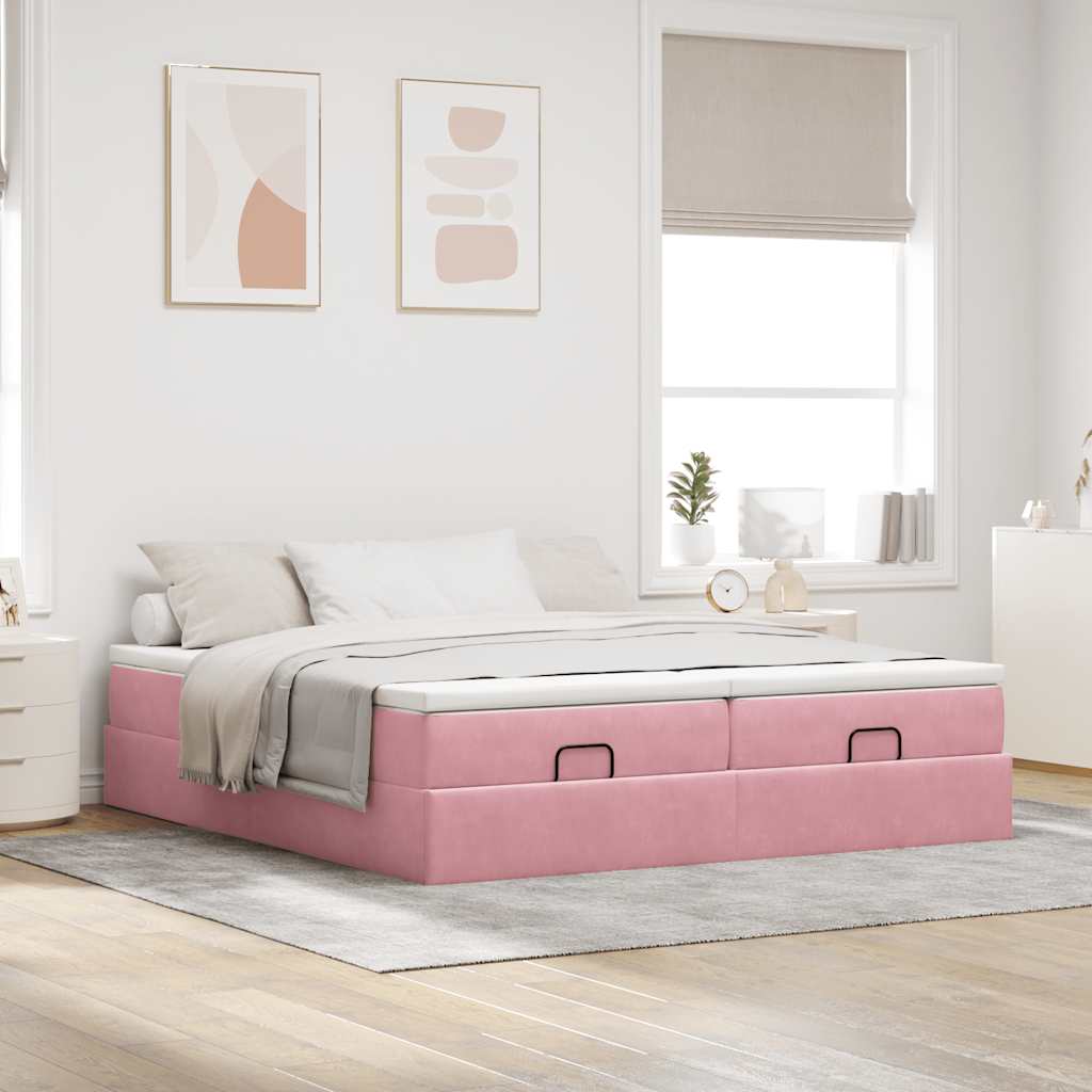 Struttura Letto Pouf con Materassi Rosa 180x200 cm Velluto