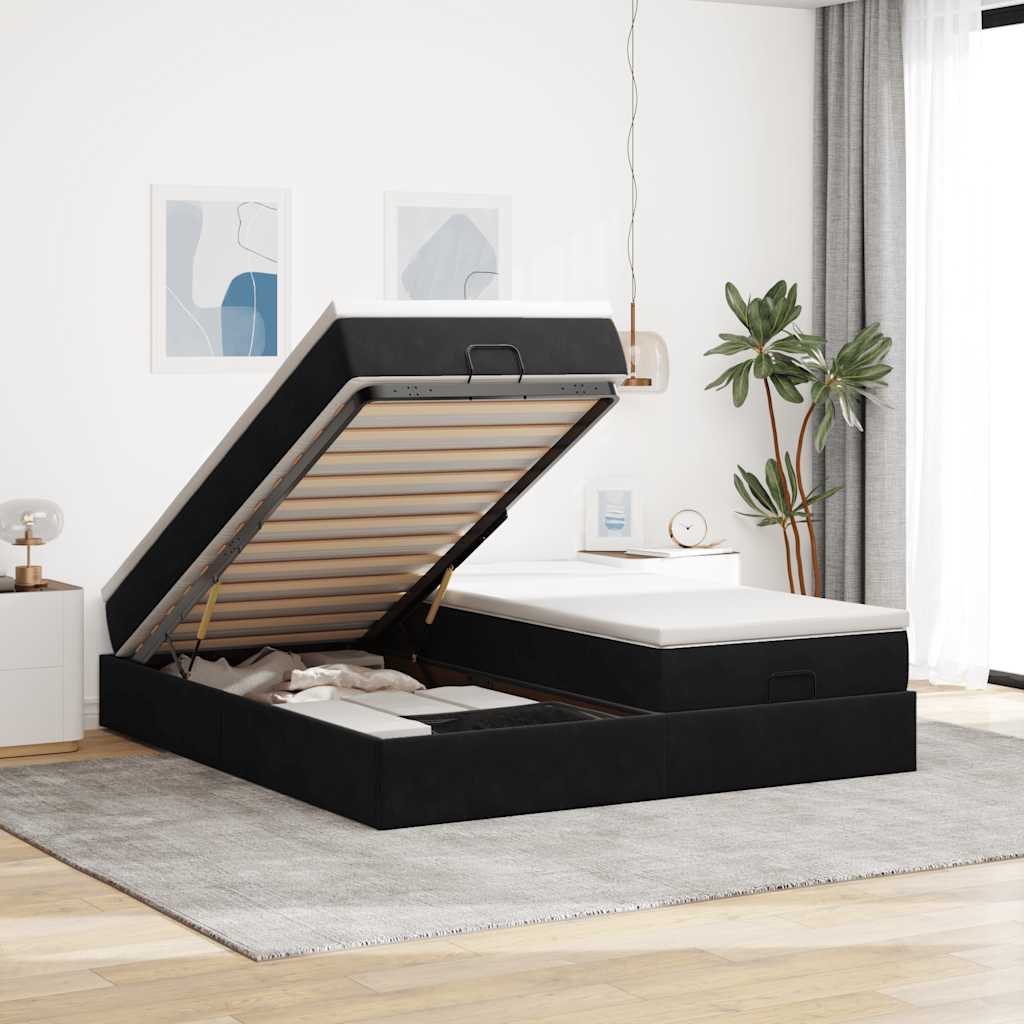 Struttura Letto Pouf con Materassi Nero 200x200 cm Velluto