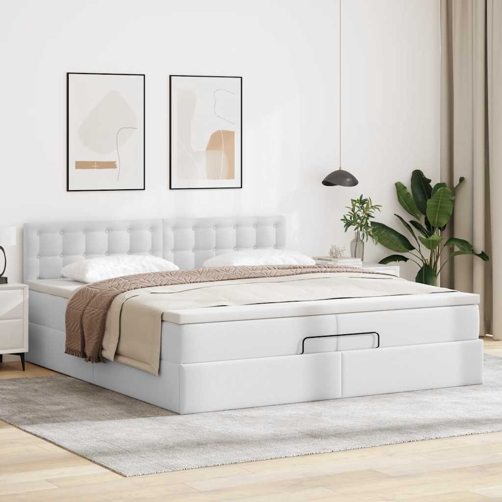 Struttura Letto Pouf con Materassi Bianco 200x200 cm Similpelle