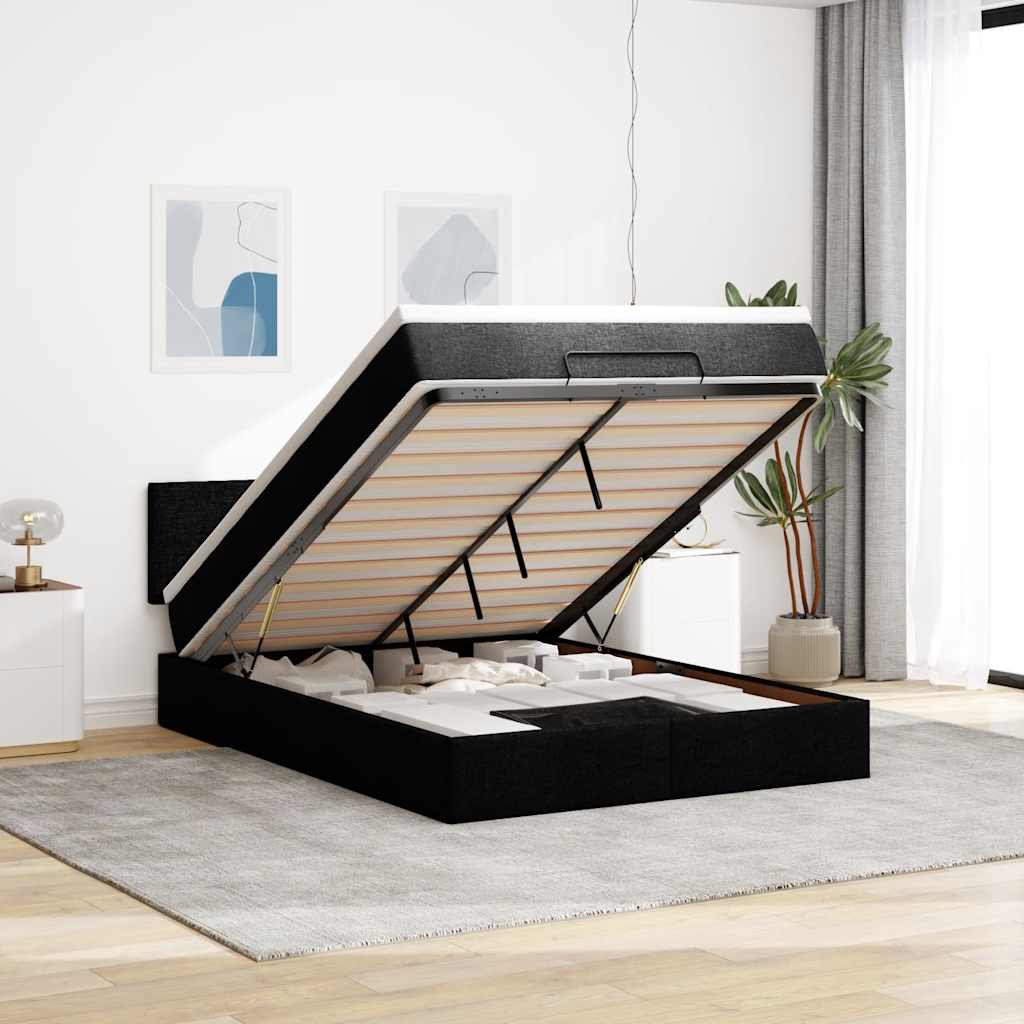Pouf Letto con Materasso Nero 140x200 cm in Tessuto