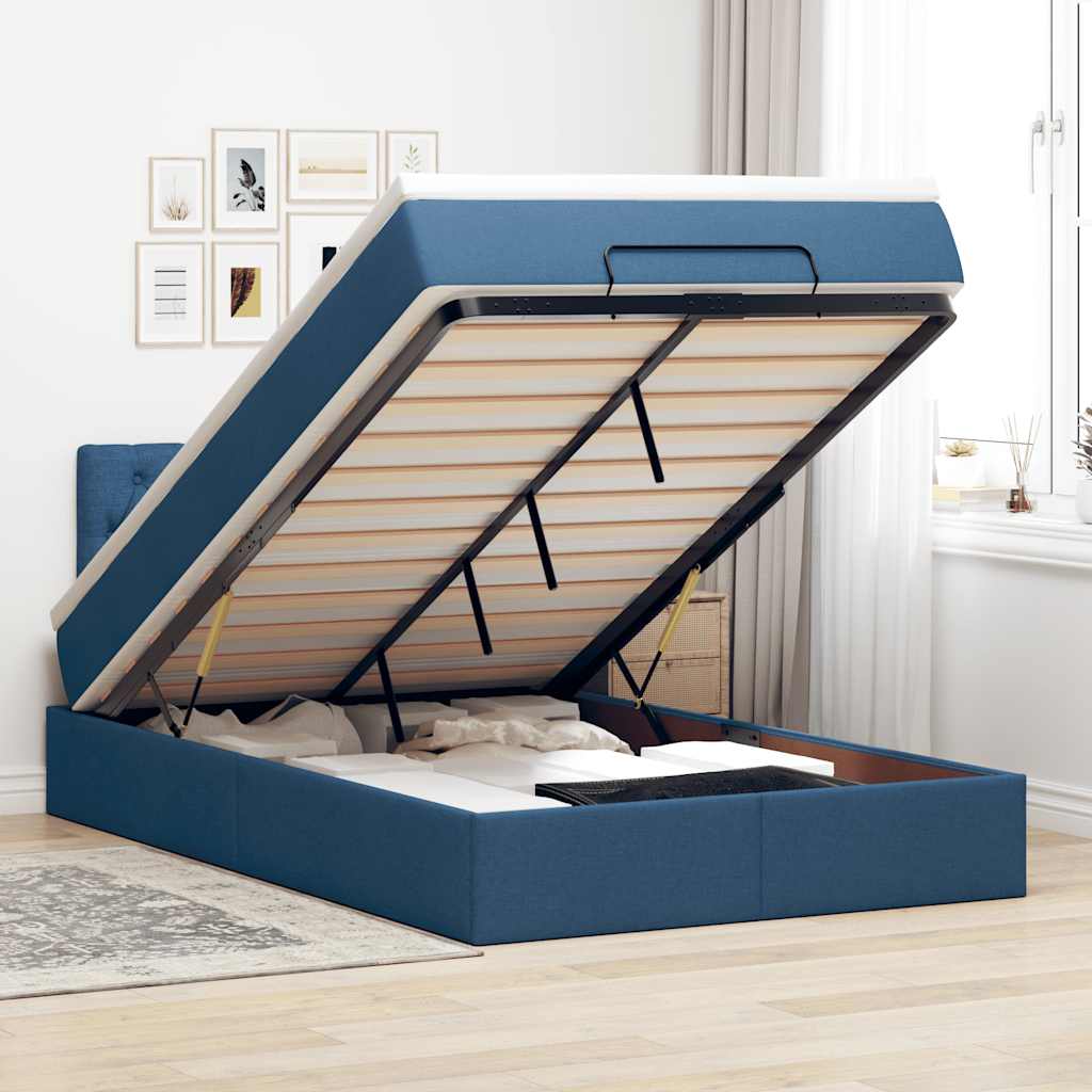 Struttura Letto Pouf con Materasso Blu 120x190 cm in Tessuto