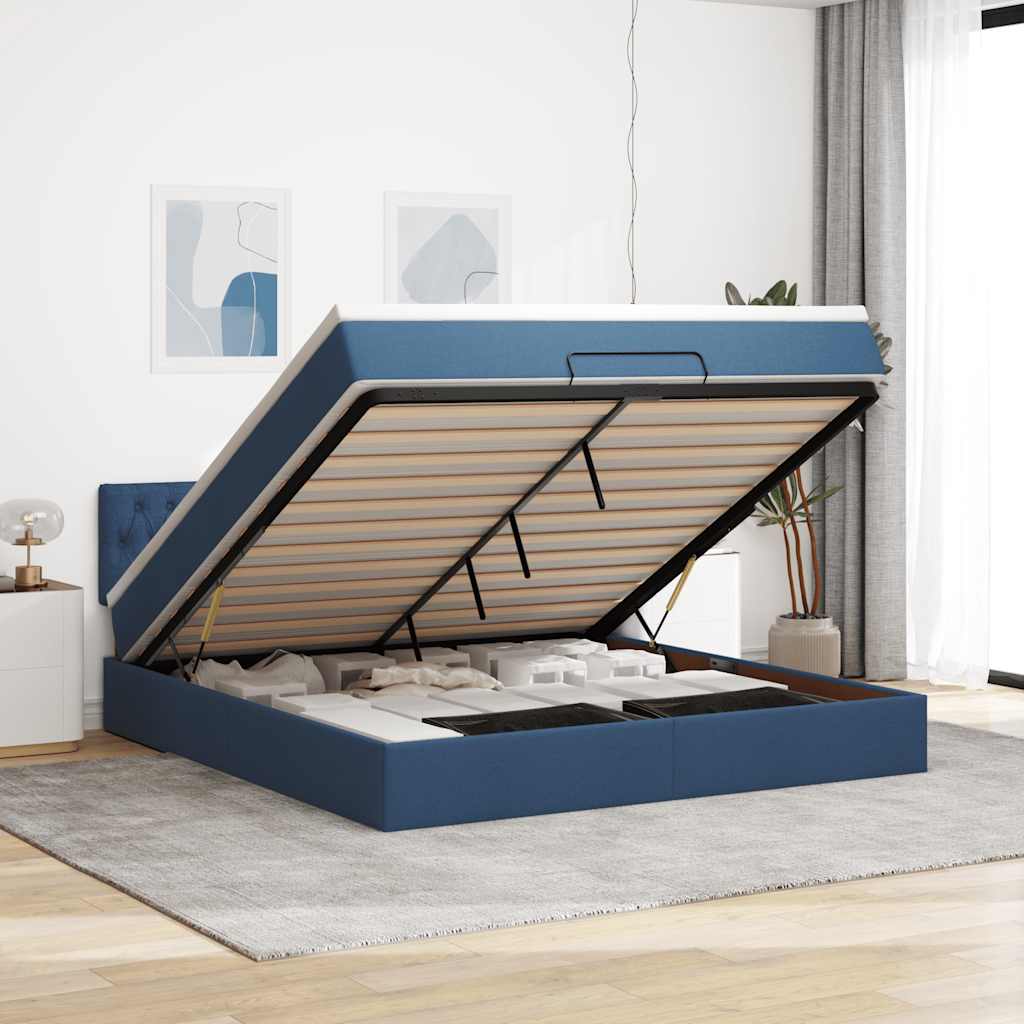 Struttura Letto Pouf con Materasso Blu 180x200cm in Tessuto