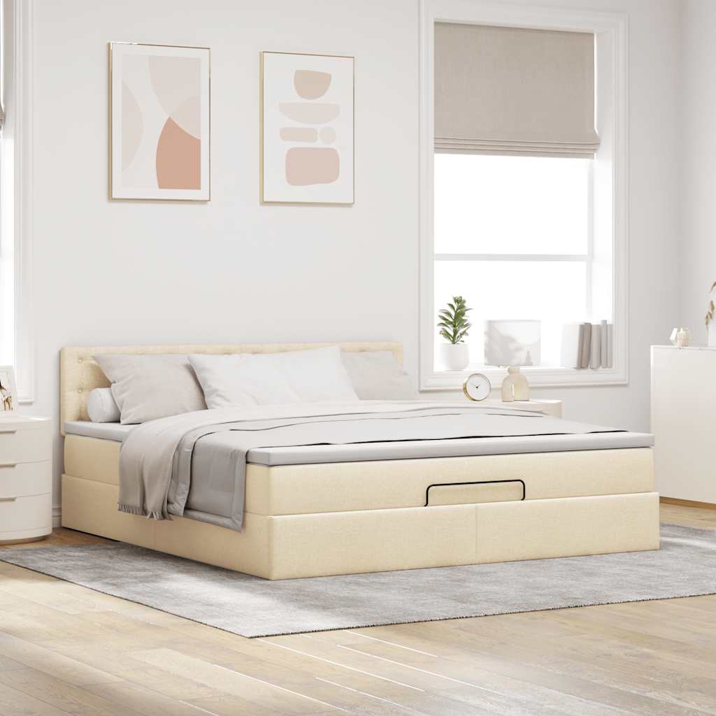 Struttura Letto Pouf con Materasso Crema 160x200 cm in Tessuto