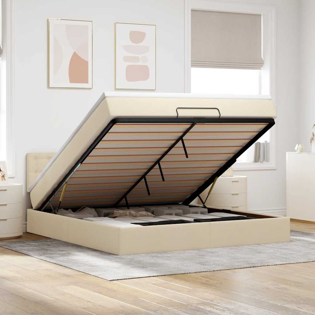 Struttura Letto Pouf con Materasso Crema 180x200 cm in Tessuto