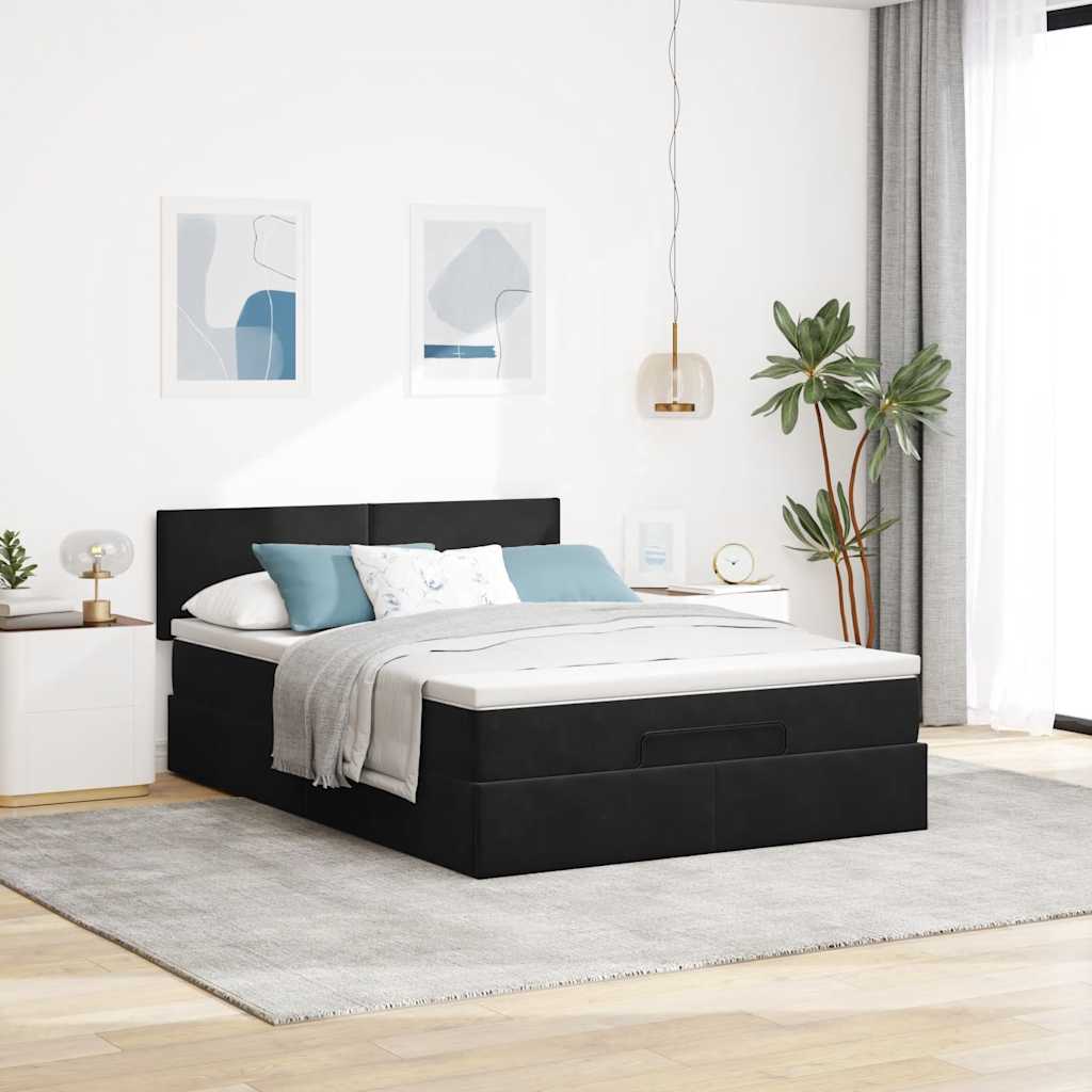 Struttura Letto Pouf con Materasso Nero 140x200 cm in Velluto