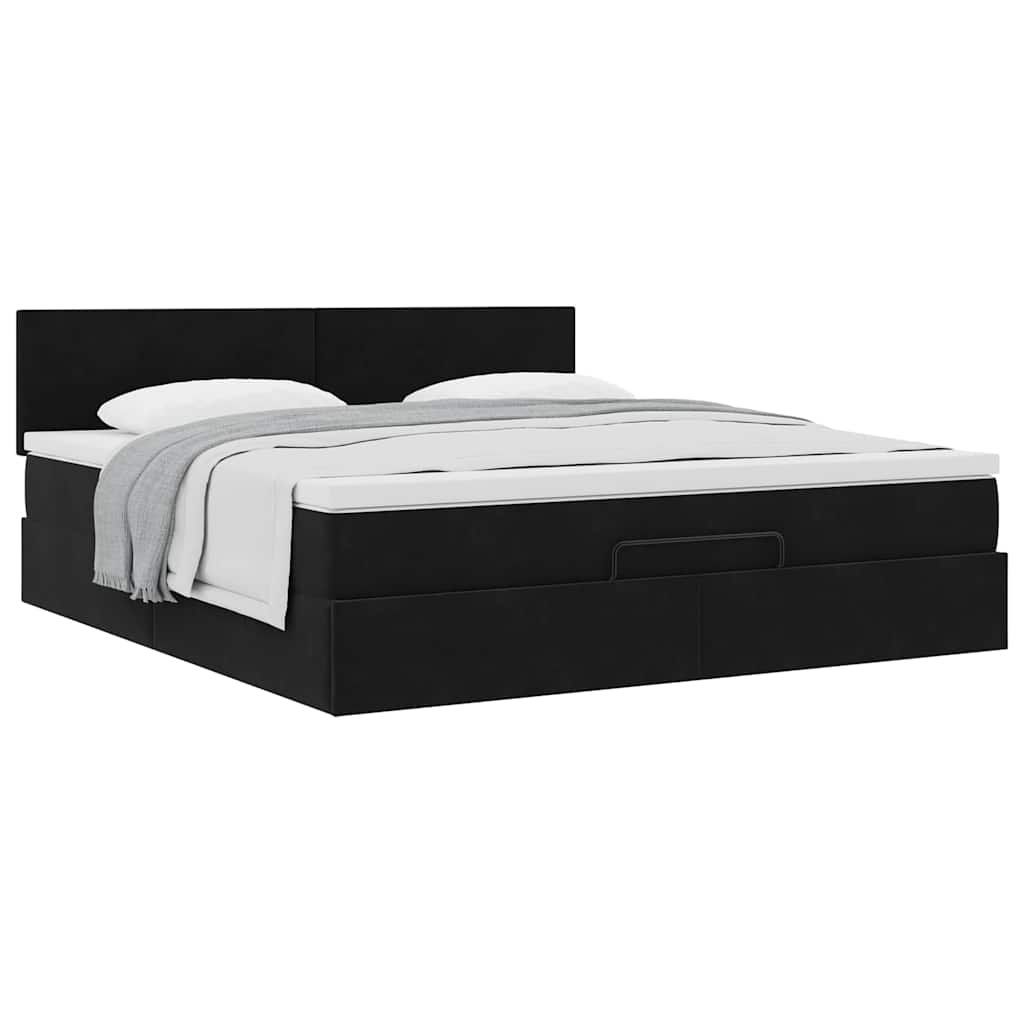Struttura Letto Pouf con Materasso Nero 160x200 cm in Velluto
