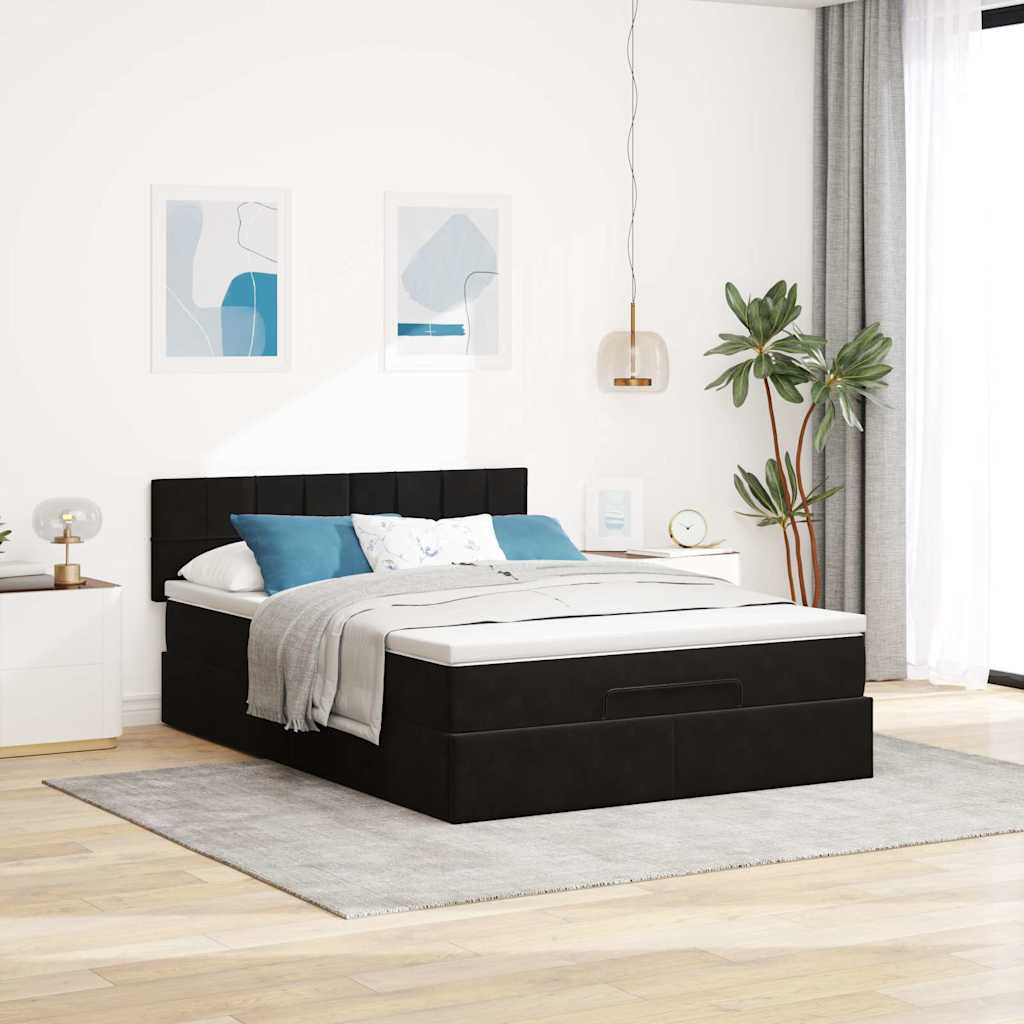 Struttura Letto Pouf con Materasso Nero 140x200 cm in Velluto