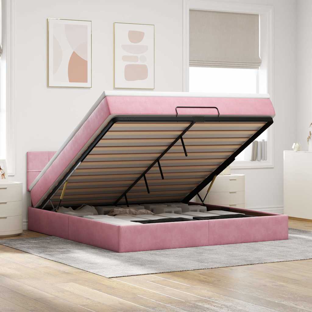Struttura Letto Pouf con Materasso Rosa 180x200 cm in Velluto