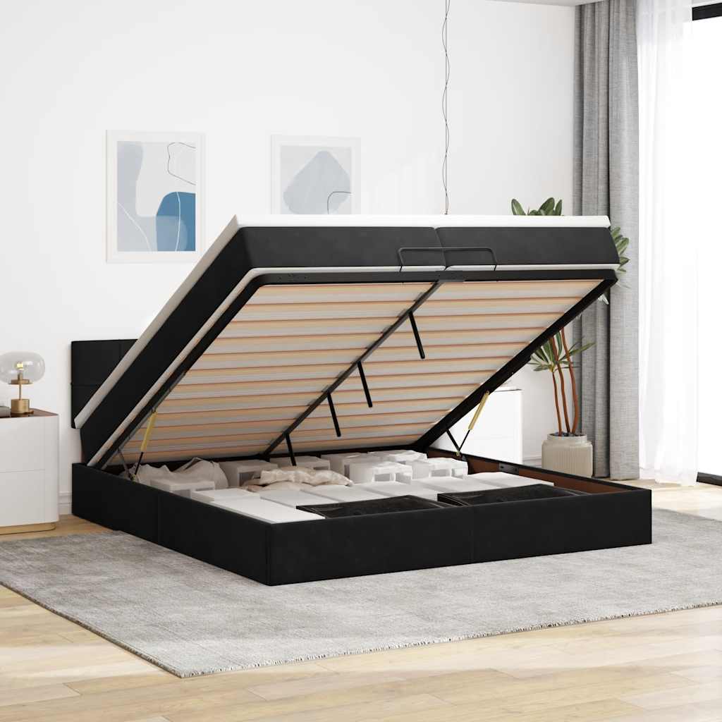 Struttura Letto Pouf con Materasso Nero 200x200 cm in Velluto