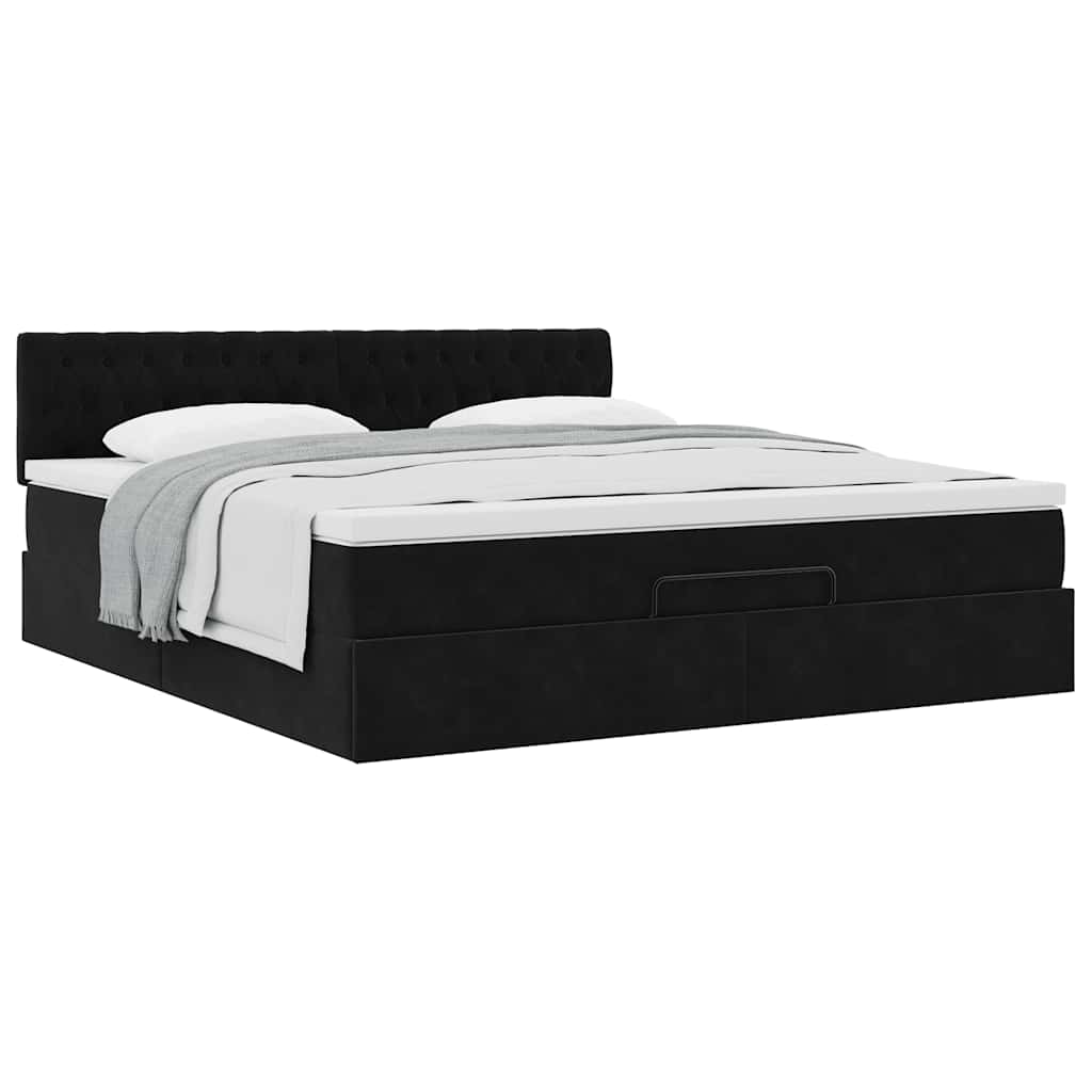 Struttura Letto Pouf con Materasso Nero 180x200 cm in Velluto