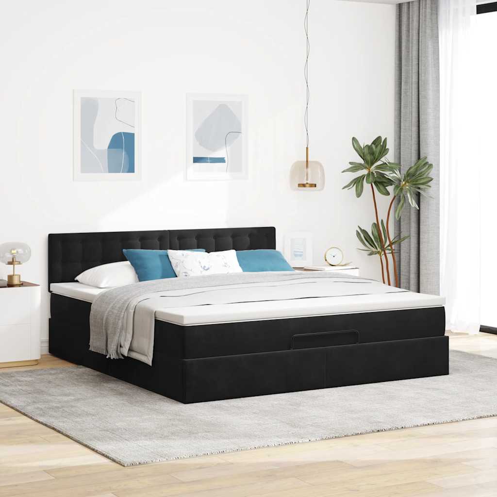 Struttura Letto Pouf con Materasso Nero 160x200 cm in Velluto