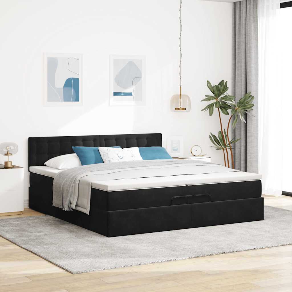Struttura Letto Pouf con Materasso Nero 200x200 cm in Velluto