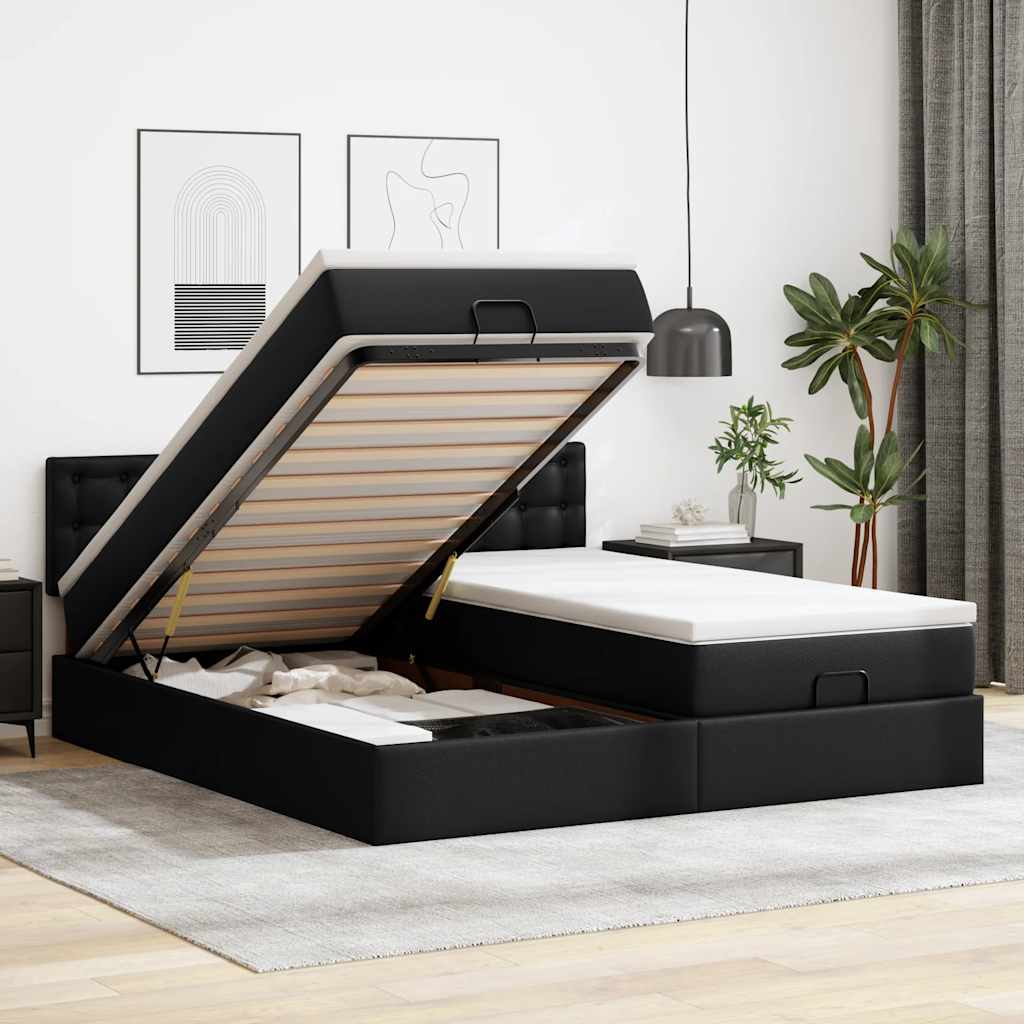 Struttura Letto Pouf con Materassi Nero 160x200 cm Similpelle
